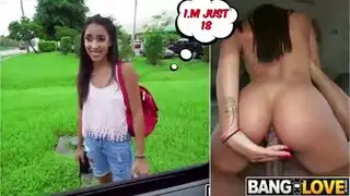 لاتينية صغيرة تأخذ قضيبًا أسود سمينًا في المقعد الخلفي